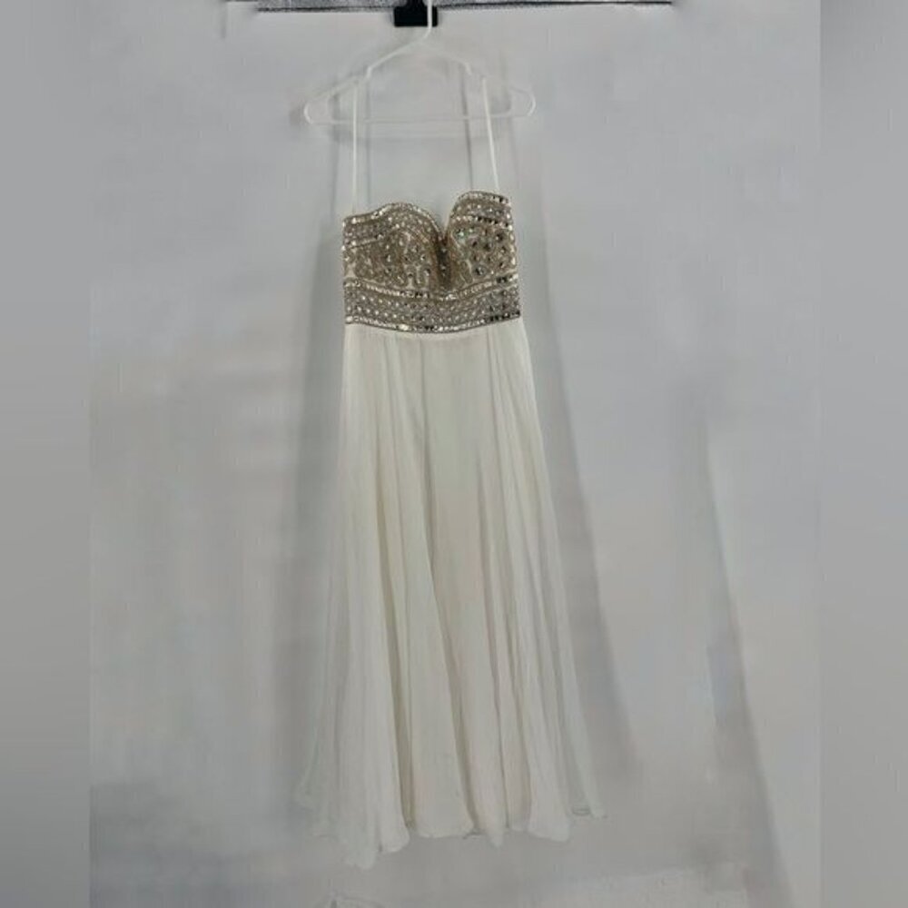 Madison James white gold strapless gown dress size 8 prom wedding